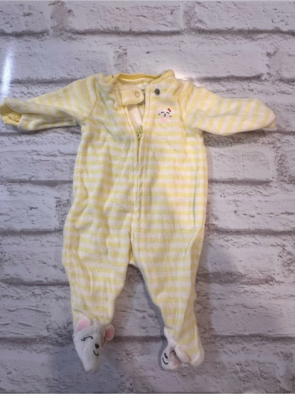 Carter’s NB Yellow Striped Plush Mouse Footed Sleeper Velour Zip Pajamas